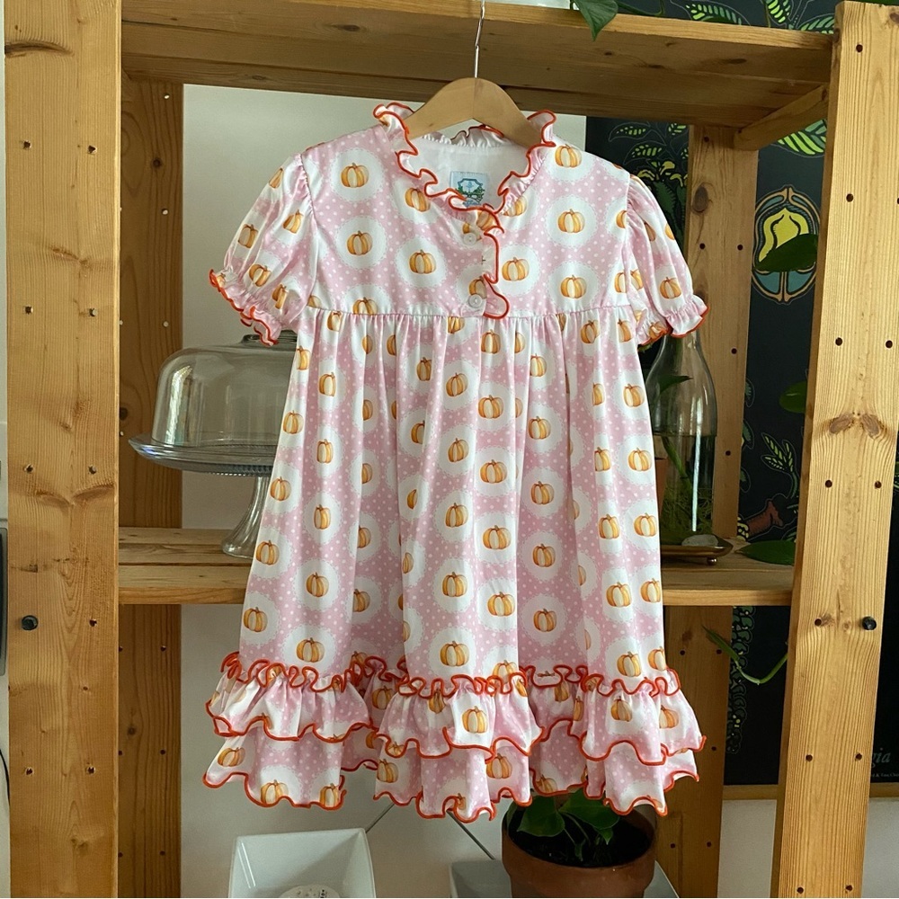 Southern Taters Pink Orange Pumpkin Ruffle Dress 4t - Picture 2 of 16